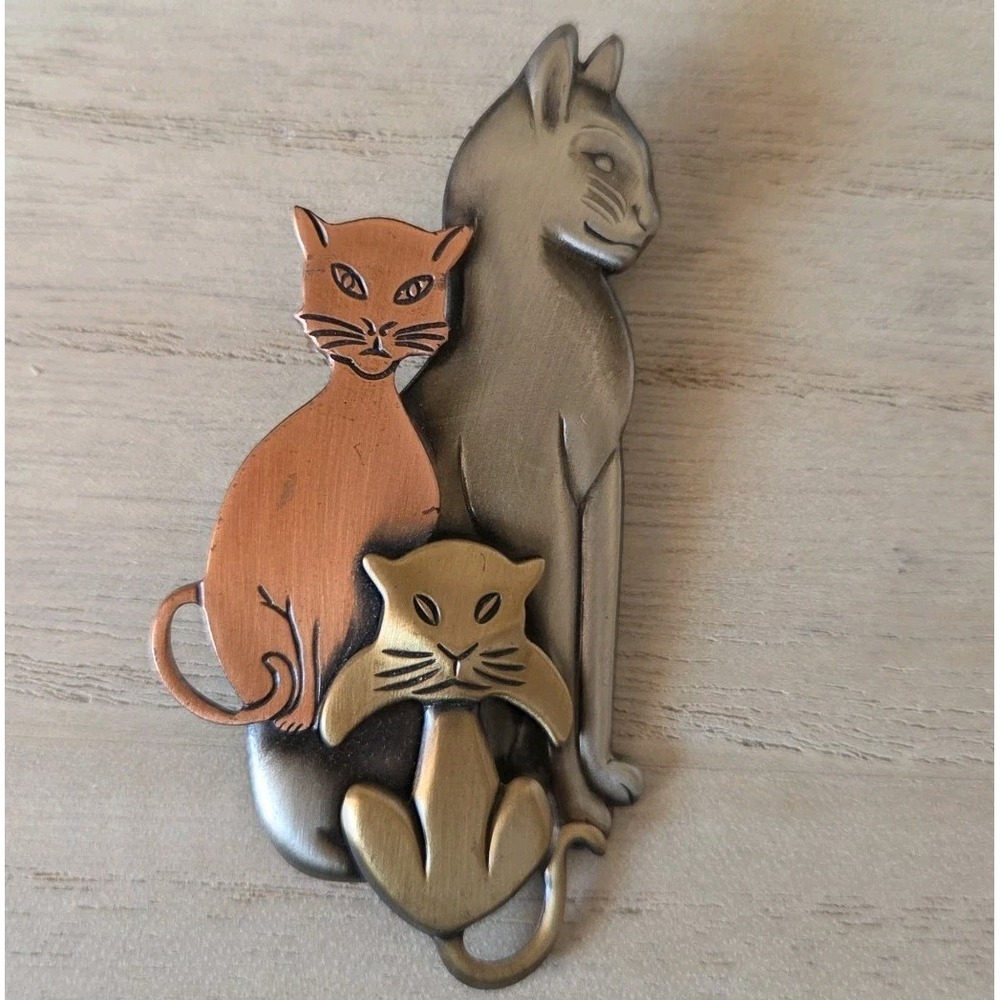 Vintage Mixed Metal Triple Cat Family Brooch Pin Silver Gold Copper‎ Tone Feline